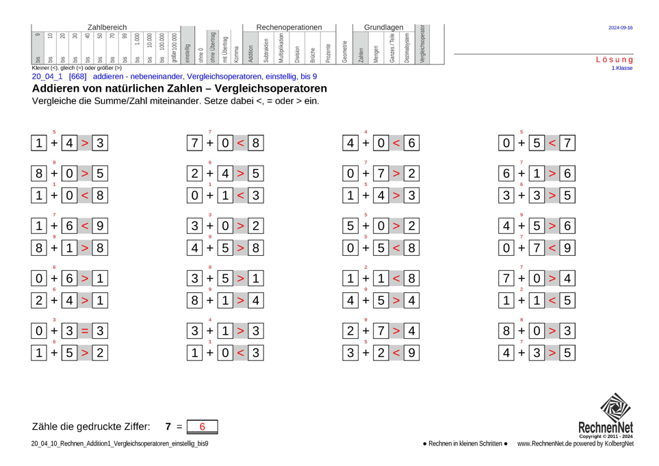 Lösung: 20_04_1 Rechnen Addition Vergleichsoperatoren einstellig bis9