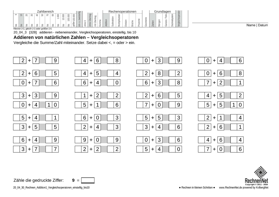 20_04_3 Rechnen Addition Vergleichsoperatoren einstellig bis10