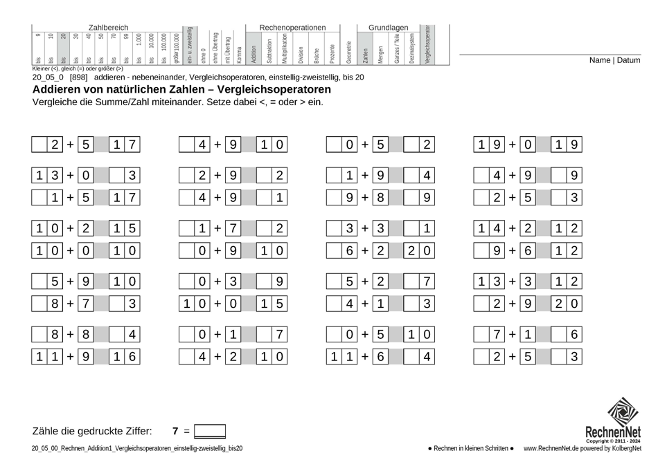 20_05_0 Rechnen Addition Vergleichsoperatoren einstellig-zweistellig bis20