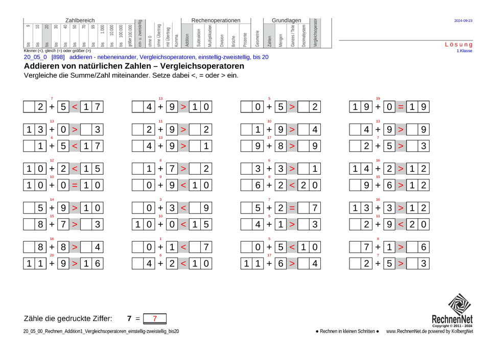 Lösung: 20_05_0 Rechnen Addition Vergleichsoperatoren einstellig-zweistellig bis20