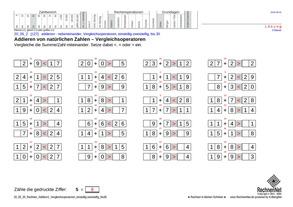 Lösung: 20_05_2 Rechnen Addition Vergleichsoperatoren einstellig-zweistellig bis30