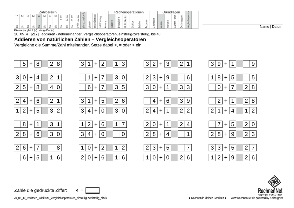 20_05_4 Rechnen Addition Vergleichsoperatoren einstellig-zweistellig bis40