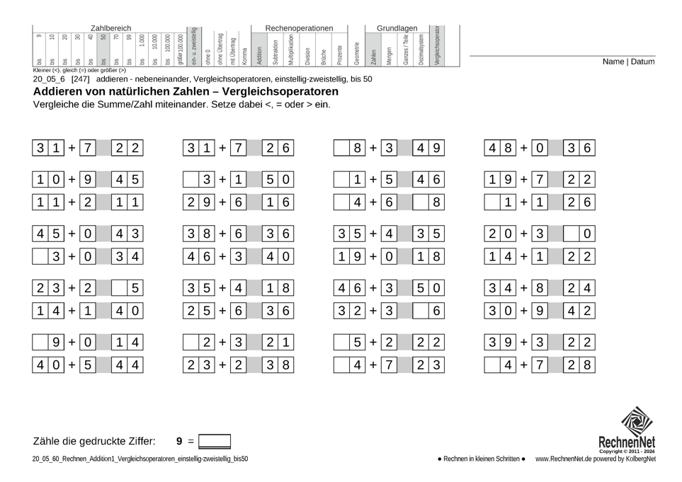 20_05_6 Rechnen Addition Vergleichsoperatoren einstellig-zweistellig bis50