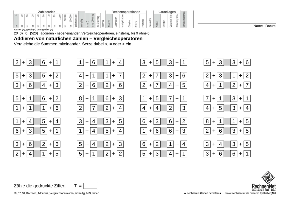 20_07_0 Rechnen Addition Vergleichsoperatoren einstellig bis9 ohne0
