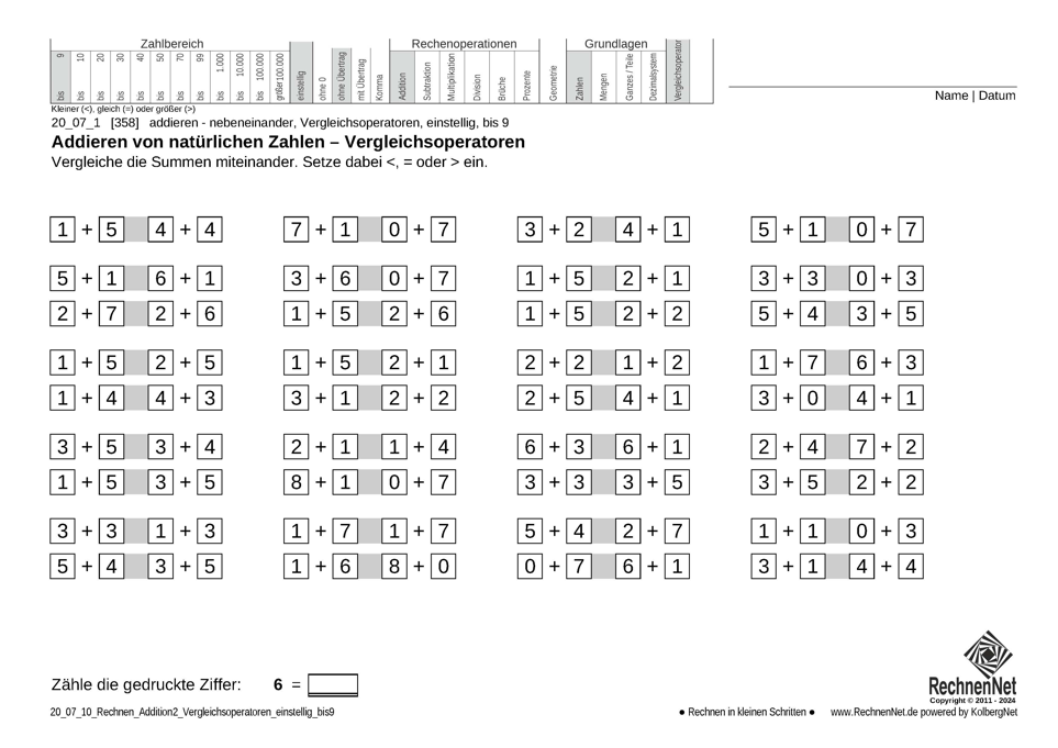 20_07_1 Rechnen Addition Vergleichsoperatoren einstellig bis9