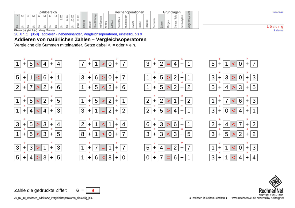 Lösung: 20_07_1 Rechnen Addition Vergleichsoperatoren einstellig bis9