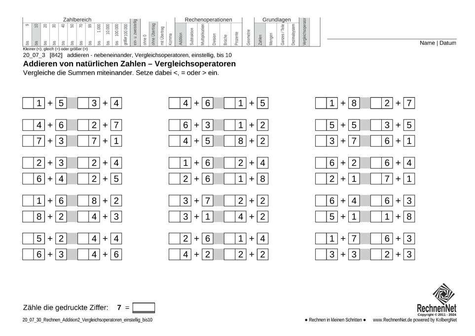 20_07_3 Rechnen Addition Vergleichsoperatoren einstellig bis10