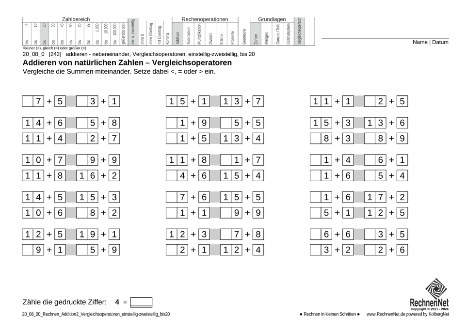 20_08_0 Rechnen Addition Vergleichsoperatoren einstellig-zweistellig bis20