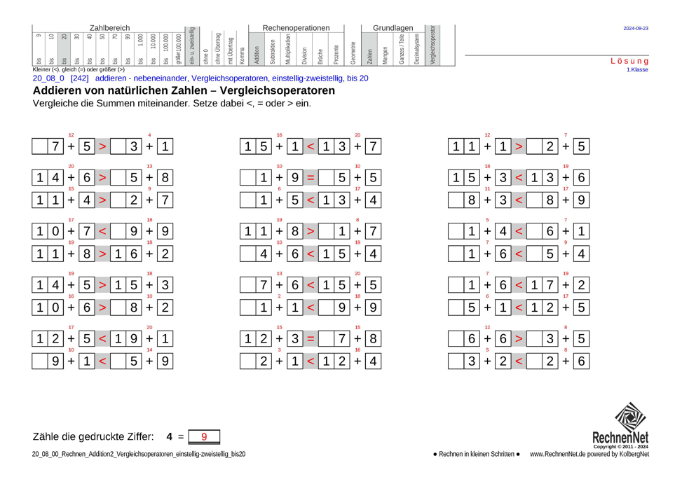 Lösung: 20_08_0 Rechnen Addition Vergleichsoperatoren einstellig-zweistellig bis20