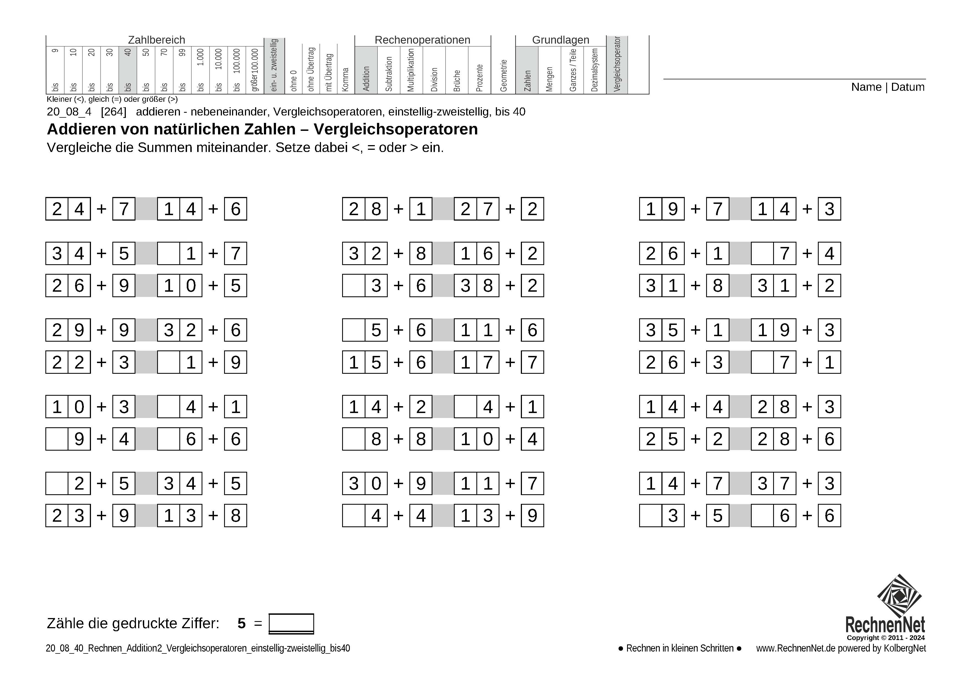 20_08_4 Rechnen Addition Vergleichsoperatoren einstellig-zweistellig bis40