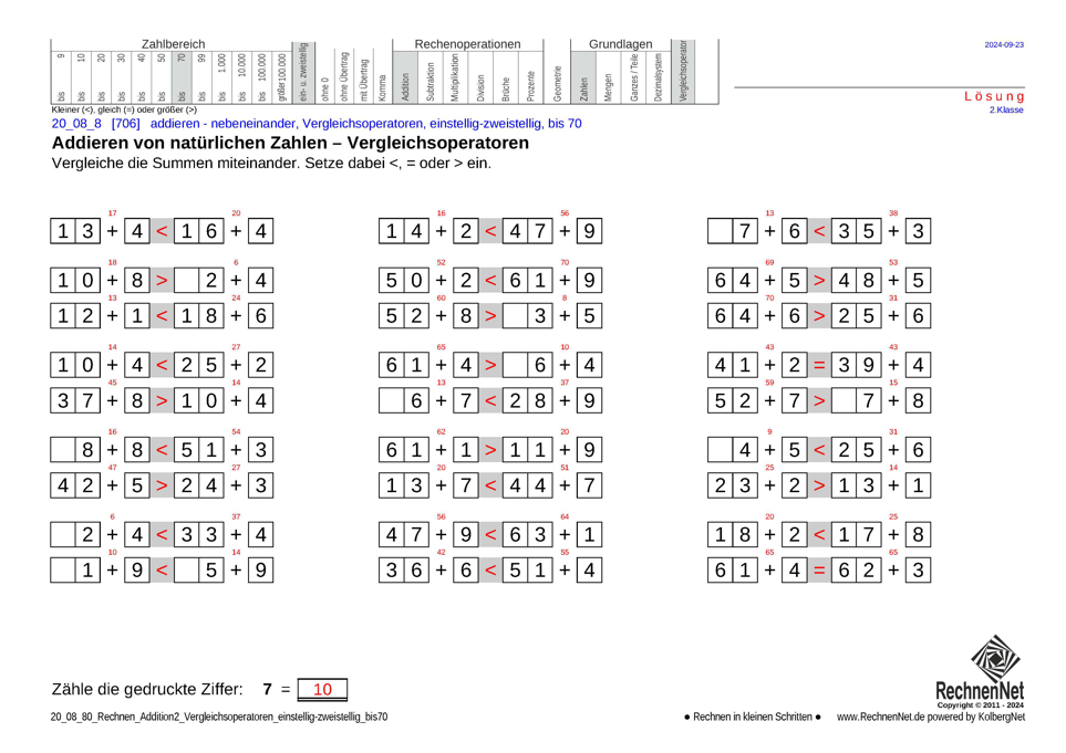 Lösung: 20_08_8 Rechnen Addition Vergleichsoperatoren einstellig-zweistellig bis70