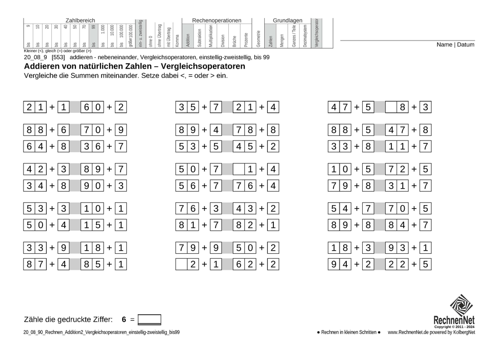 20_08_9 Rechnen Addition Vergleichsoperatoren einstellig-zweistellig bis99