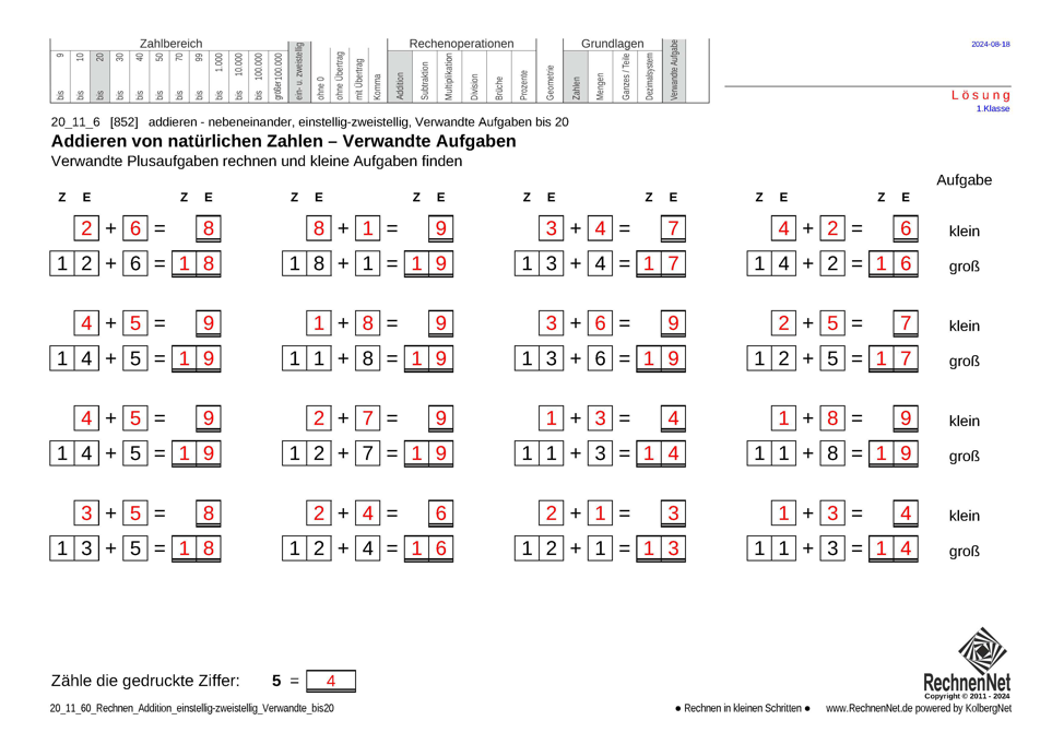 Lösung: 20_11_6 Rechnen Addition einstellig-zweistellig Verwandte bis20