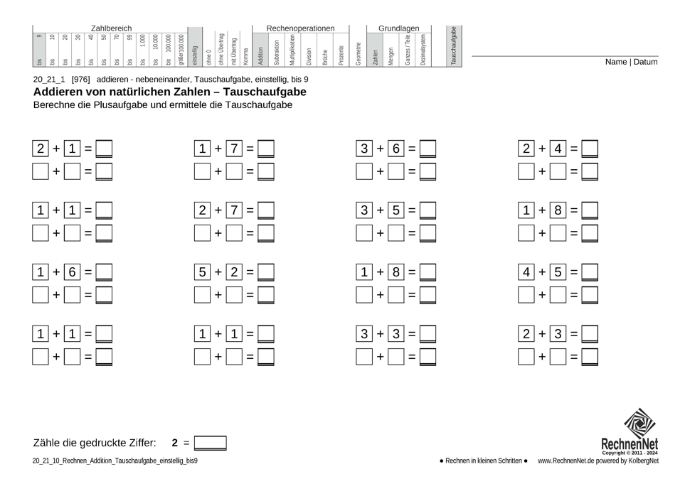 20_21_1 Rechnen Addition Tauschaufgabe einstellig bis9