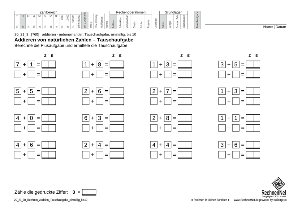 20_21_3 Rechnen Addition Tauschaufgabe einstellig bis10