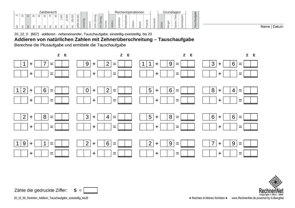 20_22_0 Rechnen Addition Tauschaufgabe zweistellig bis20