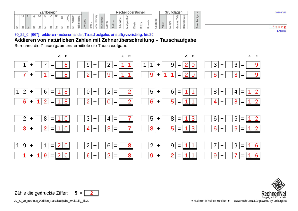 Lösung: 20_22_0 Rechnen Addition Tauschaufgabe zweistellig bis20