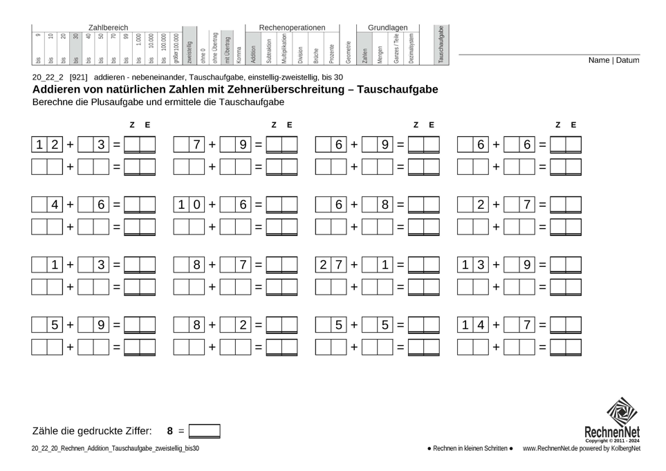 20_22_2 Rechnen Addition Tauschaufgabe zweistellig bis30