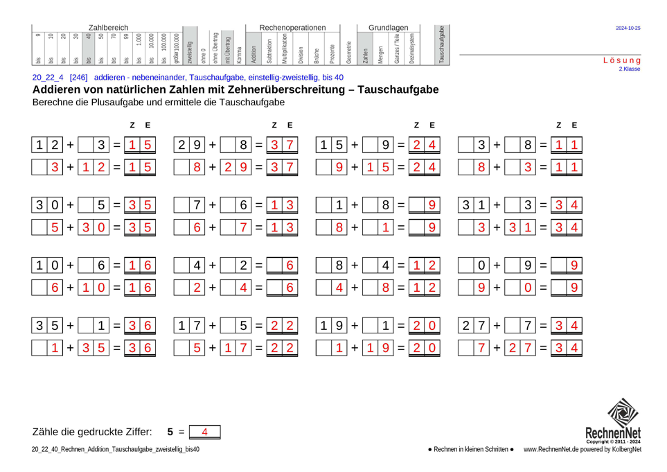 Lösung: 20_22_4 Rechnen Addition Tauschaufgabe zweistellig bis40