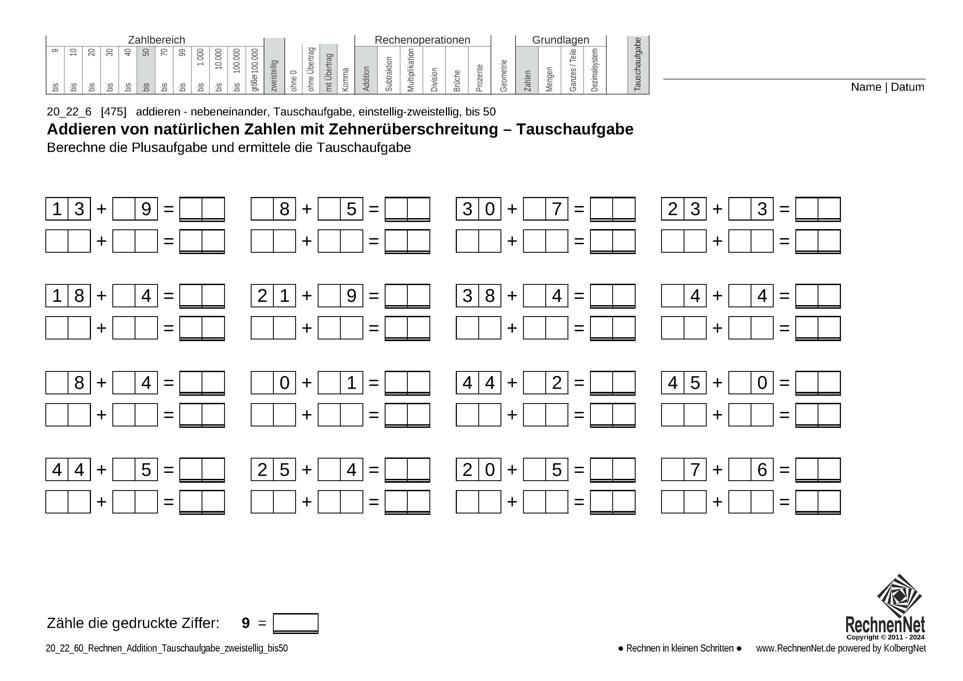 20_22_6 Rechnen Addition Tauschaufgabe zweistellig bis50