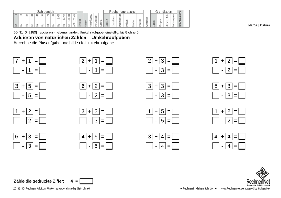 20_24_0 Rechnen Addition Umkehraufgabe einstellig bis9 ohne0