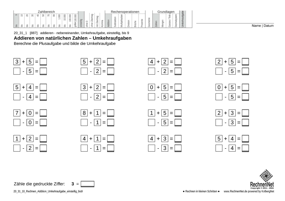 20_24_1 Rechnen Addition Umkehraufgabe einstellig bis9