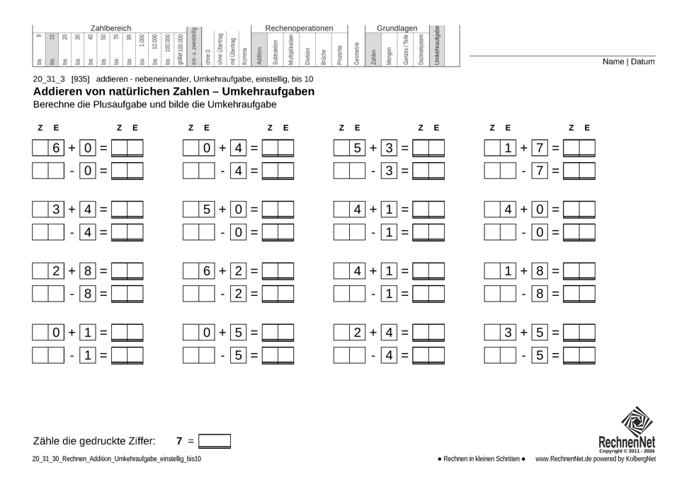 20_24_3 Rechnen Addition Umkehraufgabe einstellig bis10