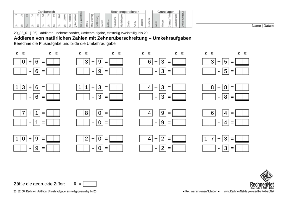 20_25_0 Rechnen Addition Umkehraufgabe einstellig-zweistellig bis20