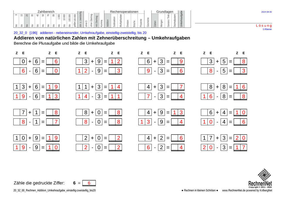 Lösung: 20_25_0 Rechnen Addition Umkehraufgabe einstellig-zweistellig bis20