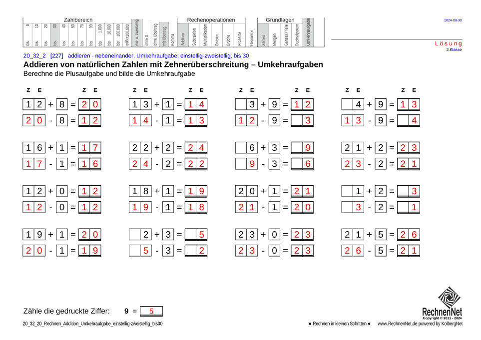 Lösung: 20_25_2 Rechnen Addition Umkehraufgabe einstellig-zweistellig bis30
