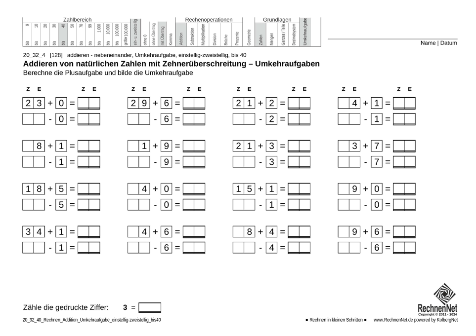 20_25_4 Rechnen Addition Umkehraufgabe einstellig-zweistellig bis40