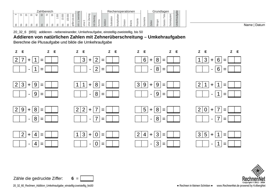 20_25_6 Rechnen Addition Umkehraufgabe einstellig-zweistellig bis50