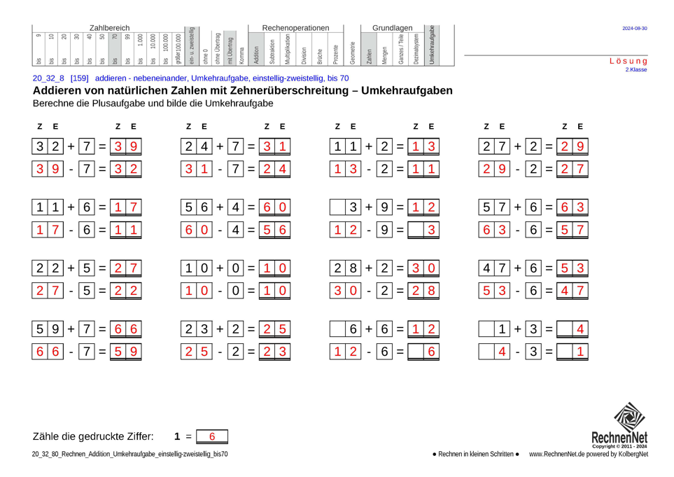 Lösung: 20_25_8 Rechnen Addition Umkehraufgabe einstellig-zweistellig bis70