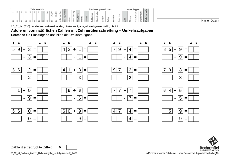20_25_9 Rechnen Addition Umkehraufgabe einstellig-zweistellig bis99