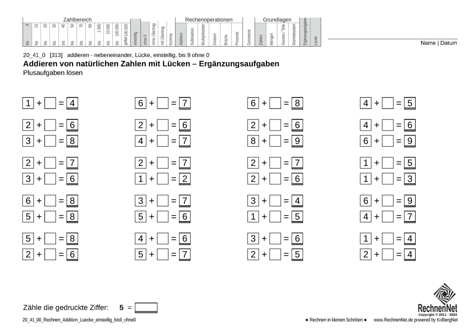 20_41_0 Rechnen Addition Lücke einstellig bis9 ohne0