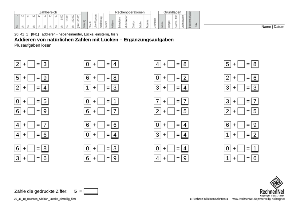 20_41_1 Rechnen Addition Lücke einstellig bis9