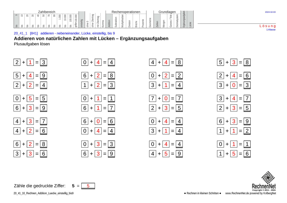 Lösung: 20_41_1 Rechnen Addition Lücke einstellig bis9