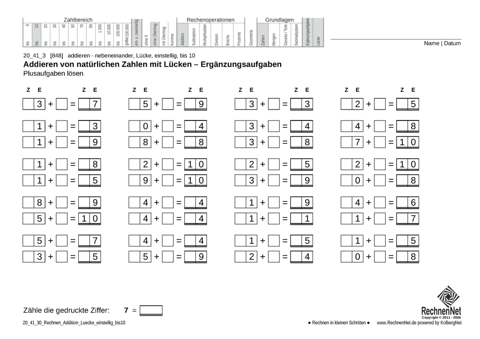 20_41_3 Rechnen Addition Lücke einstellig bis10