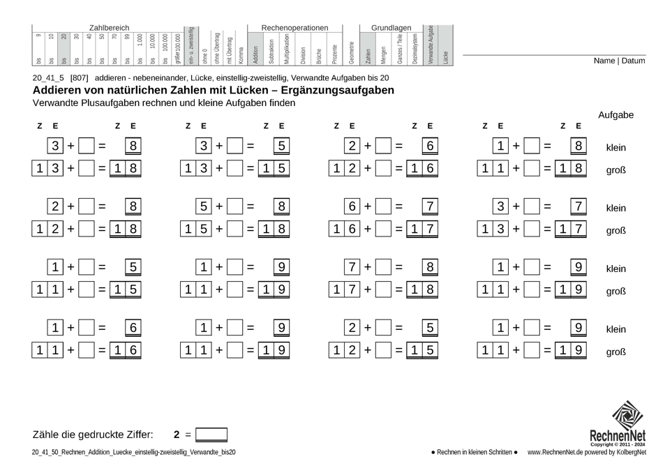 20_41_5 Rechnen Addition Lücke einstellig-zweistellig Verwandte bis20