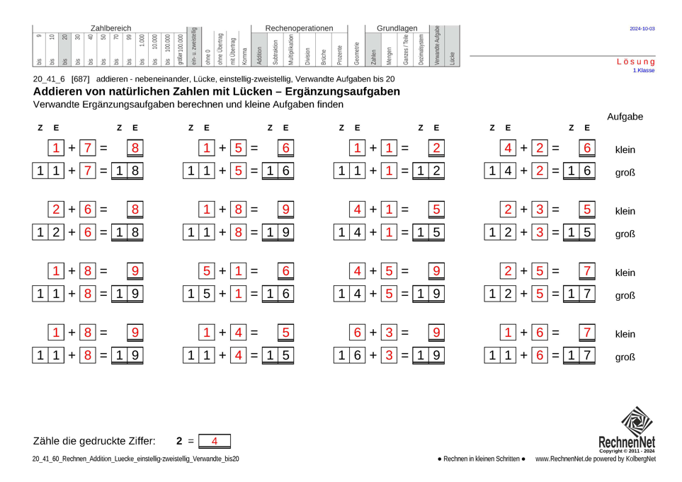 Lösung: 20_41_6 Rechnen Addition Lücke einstellig-zweistellig Verwandte bis20