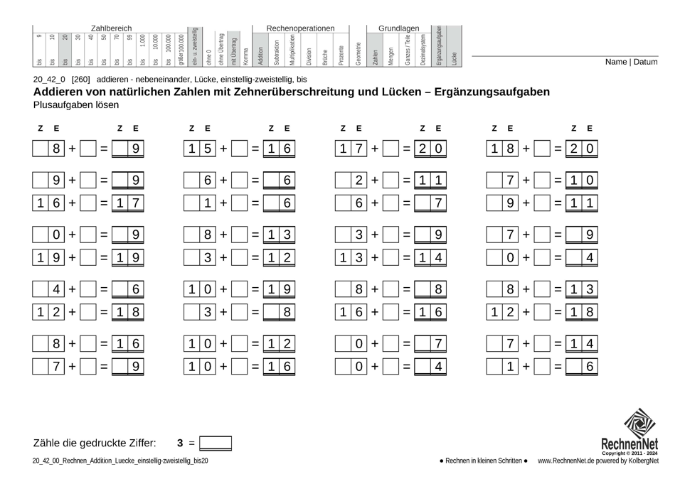 20_42_0 Rechnen Addition Lücke einstellig-zweistellig bis20