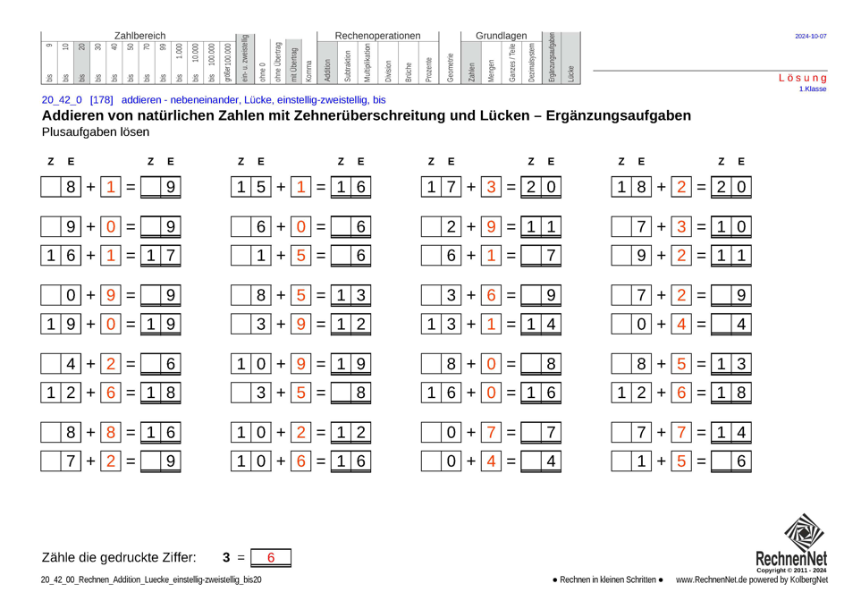 Lösung: 20_42_0 Rechnen Addition Lücke einstellig-zweistellig bis20
