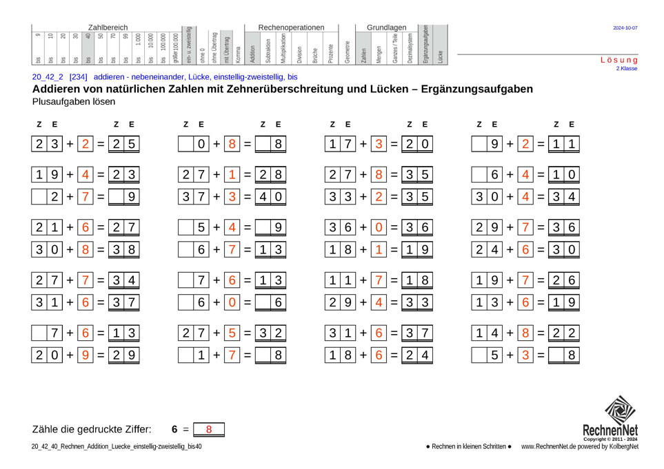 Lösung: 20_42_4 Rechnen Addition Lücke einstellig-zweistellig bis40