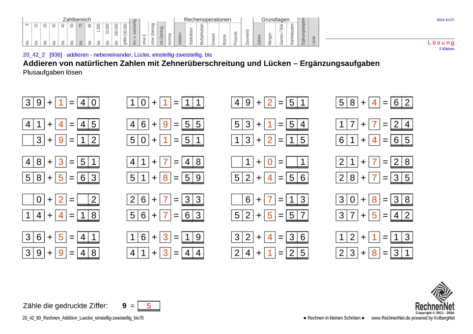 Lösung: 20_42_8 Rechnen Addition Lücke einstellig-zweistellig bis70