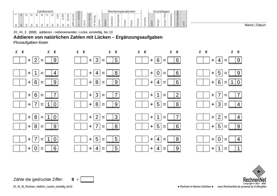 20_44_3 Rechnen Addition Lücke einstellig bis10