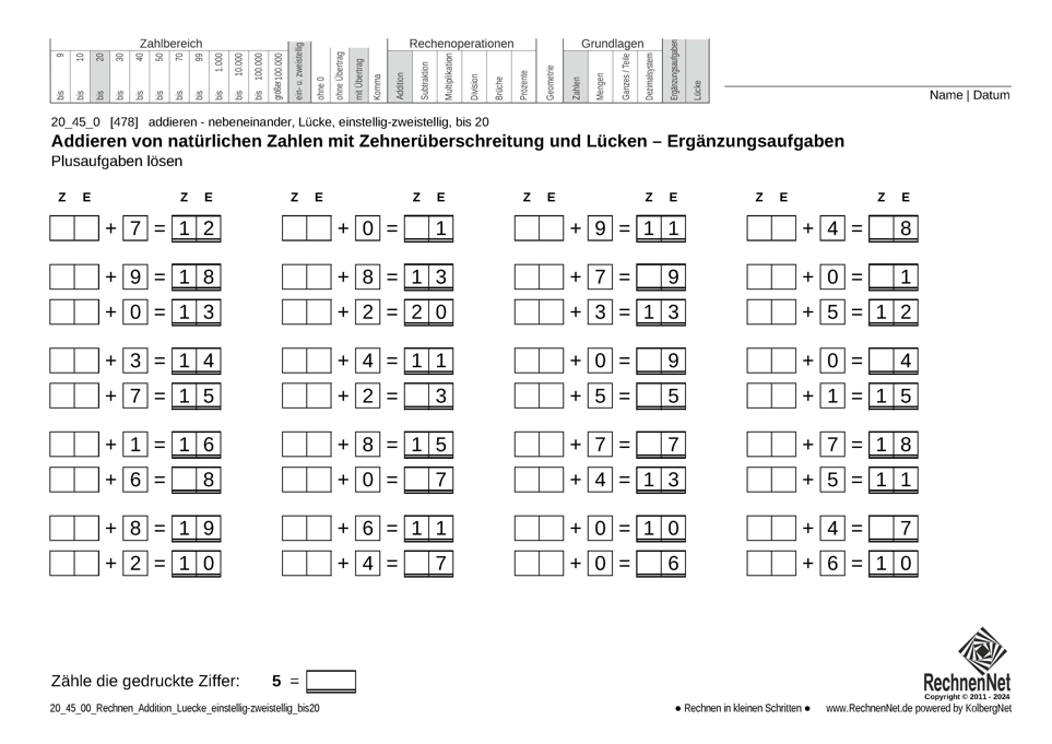 20_45_0 Rechnen Addition Lücke einstellig-zweistellig bis20