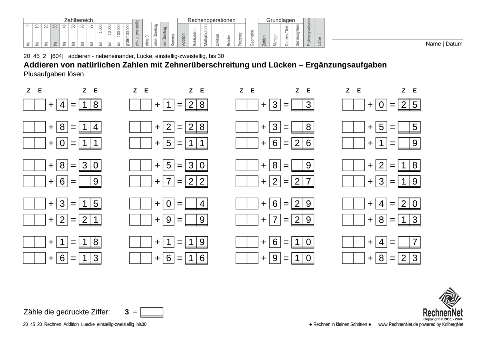 20_45_2 Rechnen Addition Lücke einstellig-zweistellig bis30