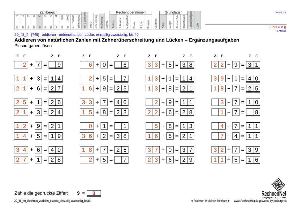 Lösung: 20_45_4 Rechnen Addition Lücke einstellig-zweistellig bis40