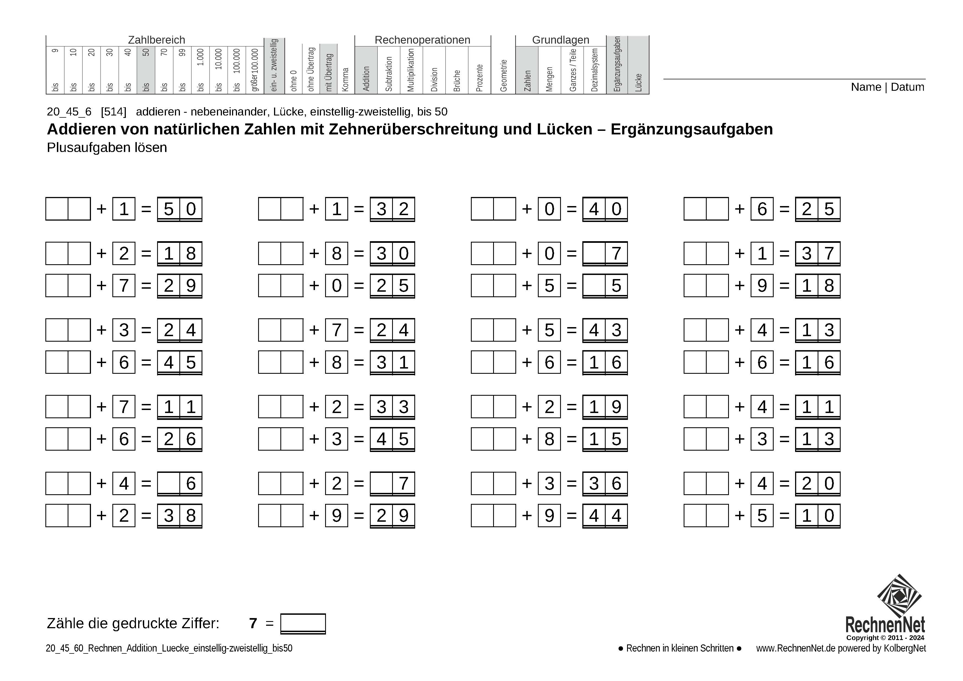 20_45_6 Rechnen Addition Lücke einstellig-zweistellig bis50