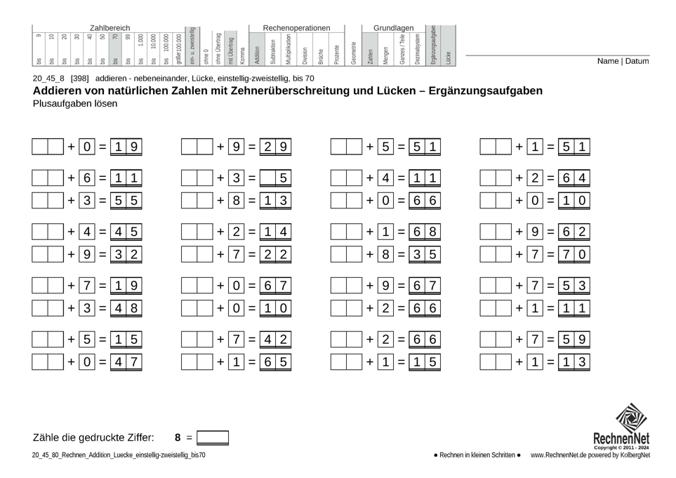 20_45_8 Rechnen Addition Lücke einstellig-zweistellig bis70